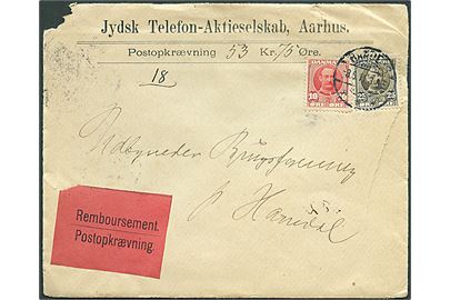 10 øre og 25 øre Fr. VIII på brev fra Jydsk Telefon-Aktieselskab sendt med postopkrævning fra Randers d. 3.5.1911 til Udbyneder Brugsforening pr. Havndal. Indeholder diverse bilag for telefon. Rift på forsiden.