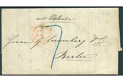 1859. Portobrev med fuldt indhold fra London d. 12.3.1859 med grænse stempel Aus England per Aachen d. 13.3.1859 til Berlin, Preussen. Påskrevet via Ostende. 