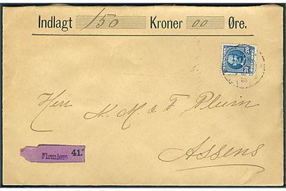 20 øre Fr. VIII ultramarin single på værdibrev annulleret med uldent stempel i Flemløse d. 28.6.19xx til Assens.