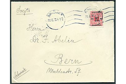 27/7 øre Provisorium single på brev fra København d . 30.6.1918 til Bern, Schweiz.