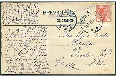 10 øre Chr. X på brevkort fra Klovborg d. 31.7.1915 via Horsens til Redcliffe, Verulam P.O., Natal, Sydafrika. Violet stempel: Passed Censor. God destination.