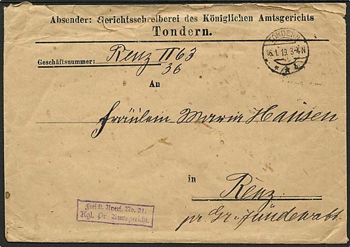 Ufrankeret tjenestebrev stemplet Tondern **b d. 16.1.1919 til Renz pr. Gr. Jündewatt.