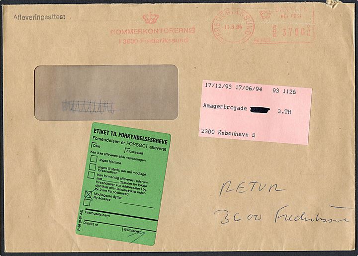 37 kr. firmafranko på rudekuvert med afleveringsattest fra Dommerkontoret i Frederikssund d. 11.3.1994 til Ølstykke. Returneret med oplysning om ny adresse. Afleveringsattest vedhæftet.