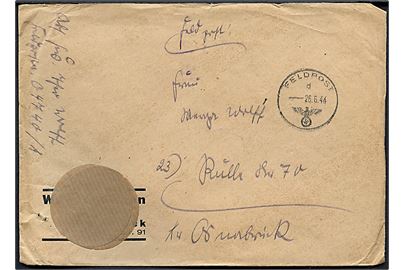 Ufrankeret tysk feltpostbrev stemplet Feldpost d. 26.6.1944 til Osnarbrück, Tyskland. Sendt fra soldat ved feldpost nr. 04740A (= Regimentsstab Reserve-Grenadier-Regiment 6) stationeret ved Thisted, Danmark.