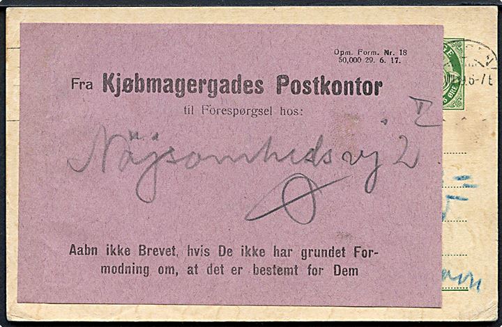 5 øre helsagsbrevkort opfrankeret med 5 øre Posthorn fra Bergen d. 23.8.1919 til København, Danmark. Påsat forespørgselsetiket fra Købmagergades Postkontor Opm. Form. Nr. 18. 50.000 29.6.17