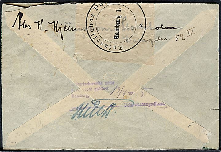 10 öre Gustaf i parstykke på brev fra Stockholm d. 11.4.1915 til Hamburg, Tyskland. Åbnet af tysk censur i Hamburg.