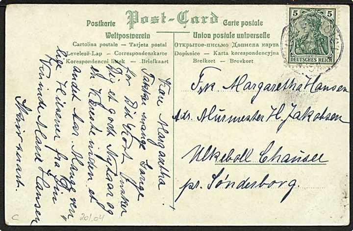 5 pfg. Germania på brevkort annulleret med svagt enring-stempel Osterhoist d. 31.12.1908 til Sønderborg.
