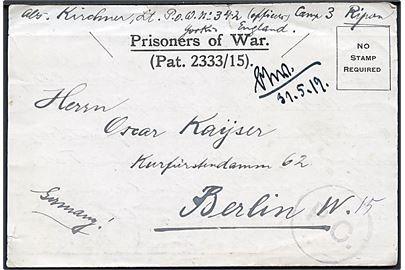 Ufrankeret fortrykt krigsfange foldebrev dateret d. 7.5.1919 til Berlin, Tyskland. Sendt fra tysk officer i PoW Camp Ripon med krigsfange-censurstempel P.C..