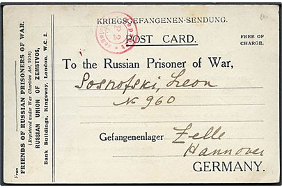 Ufrankeret fortrykt krigsfangekort fra Friends of Russian Prisoners of war i London d. 8.5.1917 til russisk fange i Celle, Tyskland. Rød lejrcensur.