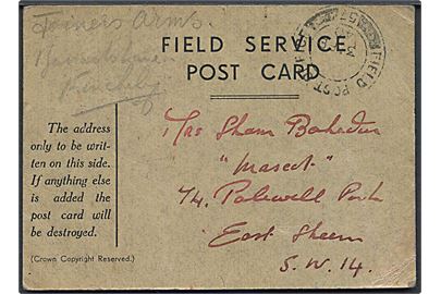 Ufrankeret fortrykt Field Service Post Card stemplet Field Post Office 57 d. 3.2.1940 til London. Stemplet benyttet ved de britiske ekspeditionsstyrker i Frankrig og gik tabt under evakueringen ved Dunkirk i maj 1940.