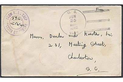 Ufrankeret flådepostbrev med stumt stempel U.S. Navy d. 25.6.1942 til Charleston, USA. Interessant censurstempel fra britisk skib: From H.M. Ship / Passed by Censor.