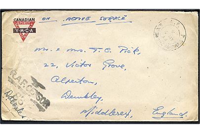 Ufrankeret Canadian YMCA kuvert sendt som feltpost med sjældent stempel R.A.F. P.O. 004 (= Azoerne) d. 4.5.1944 til England. Sort RAF Censor no. 88. 