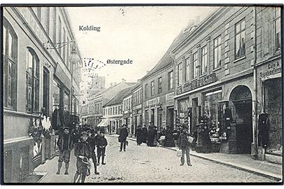 Kolding, Østergade med Jens Mortensens Eftf. P. J. Schultz. J. Mortensen Eftfgr. u/no. Kvalitet 7