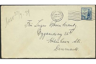 5 cents Kosciuszko på brev fra New York d. 15.1.1934 til København, Danmark.