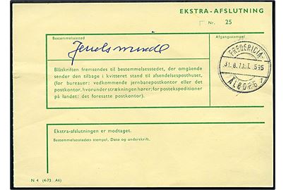 Ekstra-Afslutning formular N4 (4-73 A6) med bureaustempel Fredericia - Ålborg sn1 T.595 d. 31.8.1979 til Juelsminde.