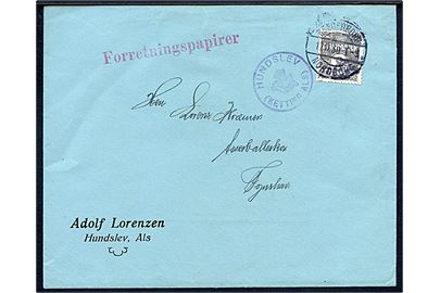 8 øre Bølgelinie på forretningspapirer annulleret med bureau Sønderborg - Nordborg T.9 d. 17.11.1930 og sidestemplet med posthornsstempel HUNDSLEV (KETTING ALS) til Asserballeskov pr. Fynshav.
