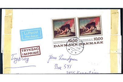 10 kr. Kunst i parstykke på korsbånd sendt som luftpost tryksag fra Rønne d. 7.2.1985 til Kamgatsiaq, Grønland.