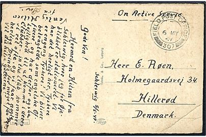Ufrankeret feltpostkort fra Schleswig med britisk feltpoststempel Field Post Office 307 (= Schleswig) d. 6.5.1947 til Hillerød. Sendt fra dansk soldat i britisk tjeneste.