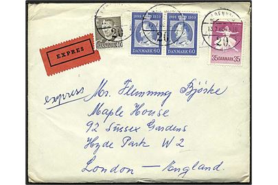 40 øre Fr. IX, 60 øre Fr. IX 60 år i parstykke og 35 øre Balletfestival på 1,95 kr. frankeret ekspresbrev fra København 20 d. 13.7.1960 til London, England.