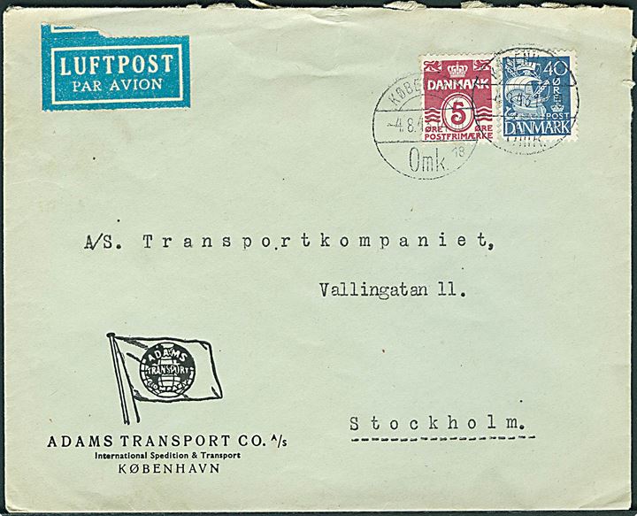 5 øre Bølgelinie og 40 øre Karavel på luftpostbrev indleveret åben direkte til censuren og annulleret med brotype Vd København Omk 18 d. 4.8.1943 til Stockholm, Sverige. Stempel brugt af Udlandspostkontrollen. 