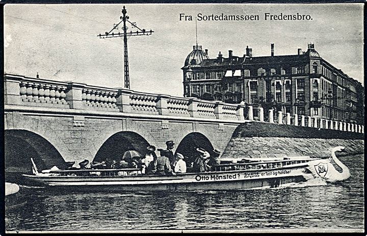 København. Fra Sortedamssøen Fredensbro. Rutebåd med Reklame fra Otto Mønsted. E. H: Lorenzen & Co. no. 4. 