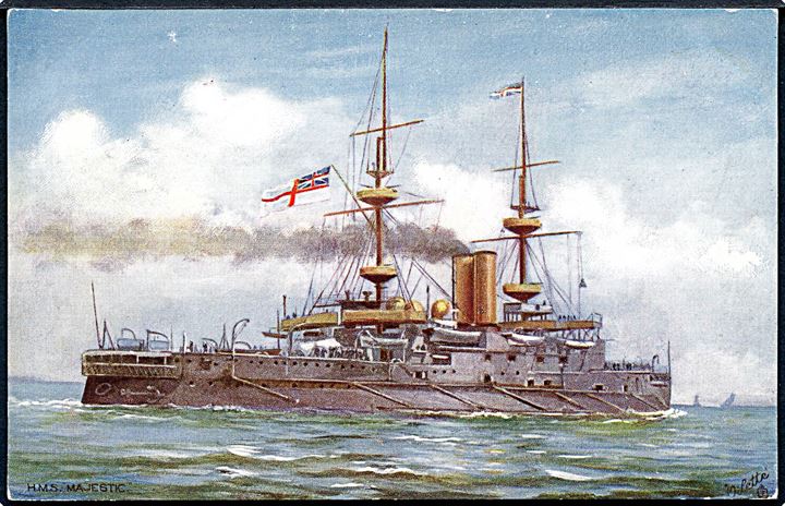 HMS Majestic, battleship. Tucks Our Ironclads serie III no. 9083.