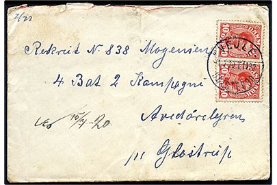 10 øre Chr. X (2) på brev annulleret med bureaustempel Vejle - Holstebro sn3 T.1182 d. 1.7.1920 til soldat i Avedørelejren pr. Glostrup.