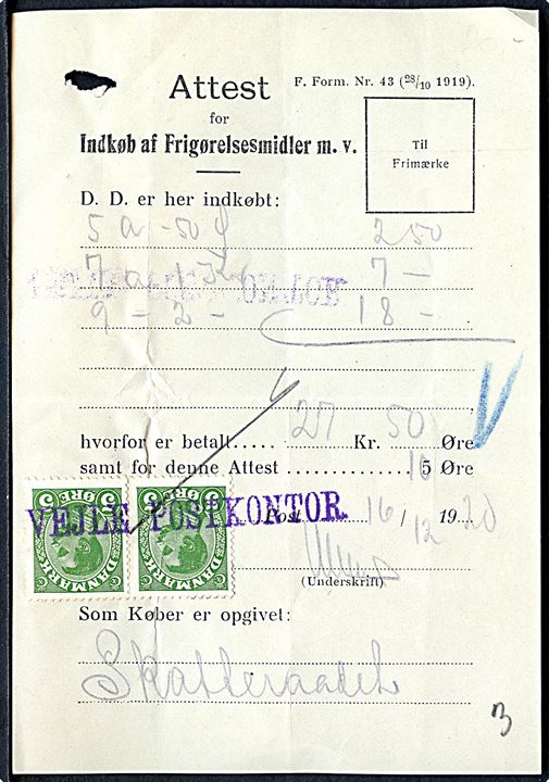 5 øre Chr. X i parstykke annulleret med liniestempel Vejle Postkontor d. 16.12.1920 på Attest for Indkob af Frigørelsesmidler m.v.