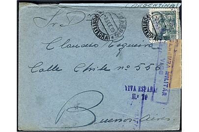 40 cts. Franco på brev med militær afsender annulleret Vigo-Cambio / Pontevedra d. 8.9.1939 til Buenos Aires, Argentina. Åbnet af spansk censur i Vigo.