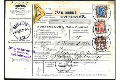 5 øre Bølgelinie, 90 øre og 1 kr. Chr. X på 195 øre frankeret internationalt adressekort for pakke med opkrævning fra Kjøbenhavn d. 19.4.1926 via Reykjavik til Olofsvik, Island.