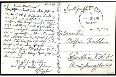 Ufrankeret feltpostkort (norsk kort med overstreget bynavn ... Folkehøgskole) stemplet Feldpost b d. 28.6.1940 til Berlin, Tyskland. Fra soldat ved feldpost nr. 01970 (= Infanterie-Regiment 307 stationeret i Norge).