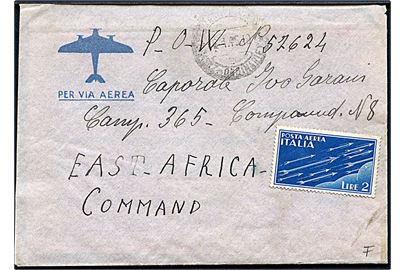 2 l. Luftpost (ustemplet) på luftpost krigsfangebrev med indhold dateret d. 15.1.1945 og svagt stempel til Camp 365, East Africa Command (= Londiani, Kenya).