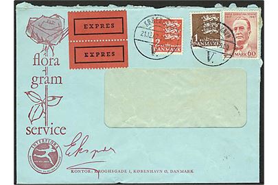 1 kr., 2 kr. Rigsvåben og 60 øre H.C.Sonne på rudekuvert fra Floragram Service sendt ekspres fra København d. 21.12.1967 til Sverge. På bagsiden transit stempel Malmö d. 21.12.1967.