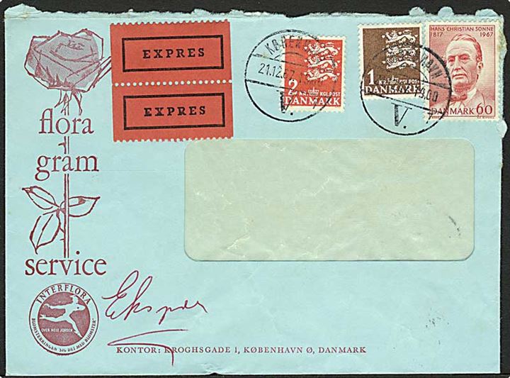 1 kr., 2 kr. Rigsvåben og 60 øre H.C.Sonne på rudekuvert fra Floragram Service sendt ekspres fra København d. 21.12.1967 til Sverge. På bagsiden transit stempel Malmö d. 21.12.1967.