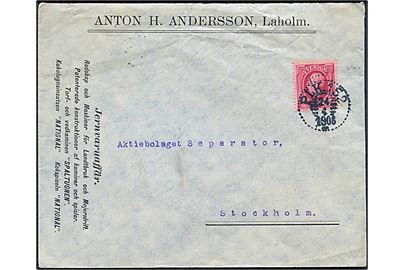 10 öre Oscar II på brev fra Laholm annulleret med bureaustempel PLK 152 (= Halmstad-Ängelholm-Malmö) d. 24.4.1908 til Stockholm.