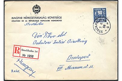 90 öre Heleristninger single på fortrykt kuvert fra den ungarske ambassade i Stockholm d. 7.6.1958 til Budapest, Ungarn.