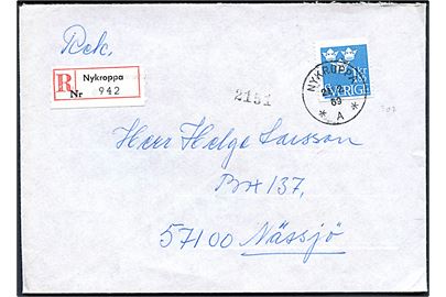 1,85 kr. Tre Kroner single på anbefalet brev fra Nykroppa d. 21.2.1969 til Nässjö.