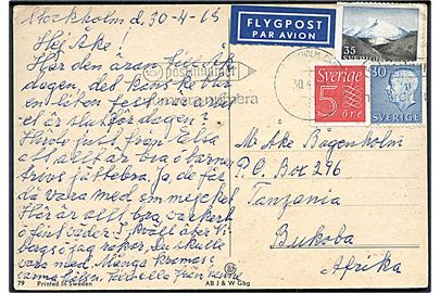 70 øre blandingsfrankeret luftpost brevkort fra Stockholm d. 30.4.1968 til Bukoba, Tanzania, Afrika. 