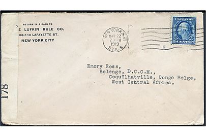 5 cents Washington single på brev fra New York d. 22.3.1919 til Coquilhatville, Belgisk Congo, Afrika. Åbnet af britisk censur no. 178 og ank.stemplet d. 4.7.1919. Sjælden destination.