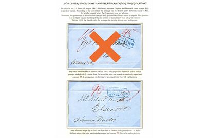 2 sh. prepaid double weight letter from Hull endorsed p. Steamer “Director” with blue HULL SHIP-LETTER on 17.5.1851 to Elsinore, Denmark. Wrongly charges as unpaid double weight letter from GB via Hamburg with 90 sk. Danish postage due. Sent via the steamship “Director”. Ex. Mark Lorentzen.