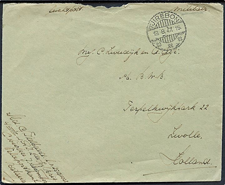 Ufrankeret feltpostbrev stemplet Tjirebon d. 18.8.1947 til Zawolle, Holland. 