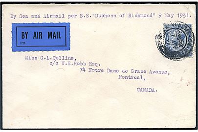 2½d George V på luftpostbrev fra Newcastle d. 7.5.1931 til Montreal, Canada. Påskrevet: By Sea and Airmail per S.S. Duchess of Richmond 9 May 1931.