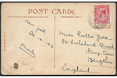 1d George V på brevkort (Park Row Building, New York) dateret New York d. 24.10.1913 annulleret med sejlende bureaustempel Transatlantic Post Office 5 d. 31.10.1913 til Brigthon, England. Stempel benyttet ombord på White Star Line skibet S/S Olympic.