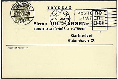 Ufrankeret tryksags-svarbrevkort fra Odense d. 5.7.1941 til København. Udtakseret i enkeltporto med 6 øre Portomærke stemplet København Ø d. 7.7.1941.