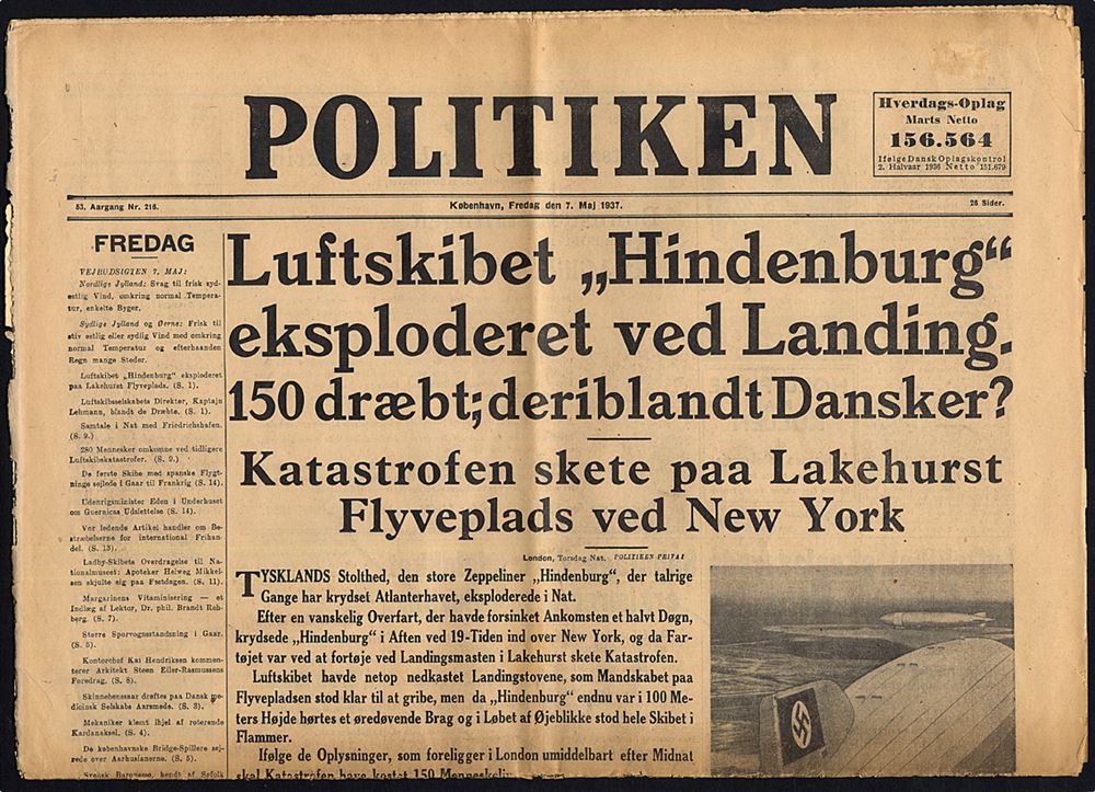 Politiken S 7 5 1937 Hindenburg Katastrofen Forside Og 2 Sider