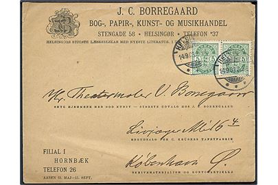 5 øre Våben i parstykke på firmakuvert fra J. C. Borregaard i Helsingør d. 14.9.1903 til Kjøbenhavn.
