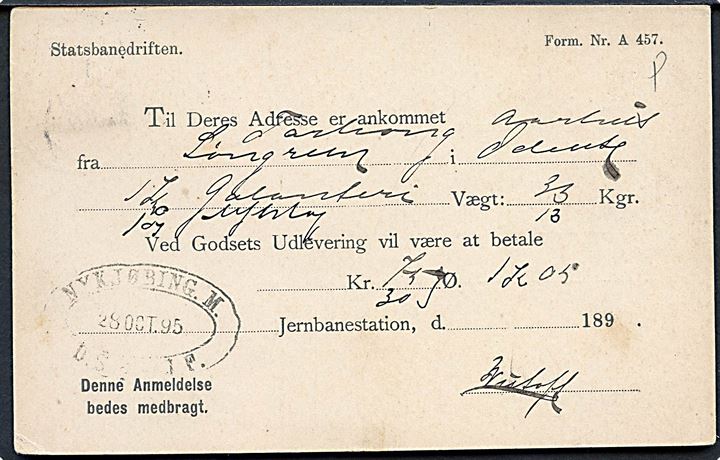 5 øre Våben på adviskort fra Statsbanedriften annulleret med lapidar Nykjøbing i Jyll. d. 29.10.1895 til Ø. Assel. På bagsiden ovalt jernbanestempel Nykjøbing M. / D.S.B. - J.F. d. 28.10.1895.