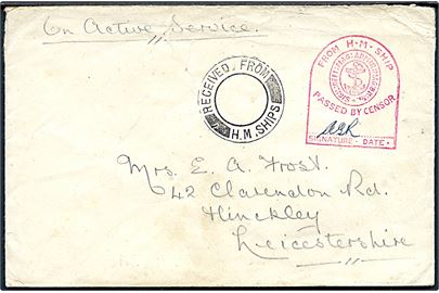 Ufrankeret OAS flådepostbrev stemplet Received From H. M. Ships til Hinckley, England. Rødt flåde censurstempel.