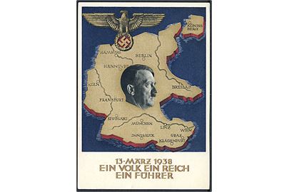 13. März 1938 Ein Volk Ein Reich Ein Führer. 6 pfg. illustreret helsagsbrevkort stemplet Berlin d. 10.4.1938.