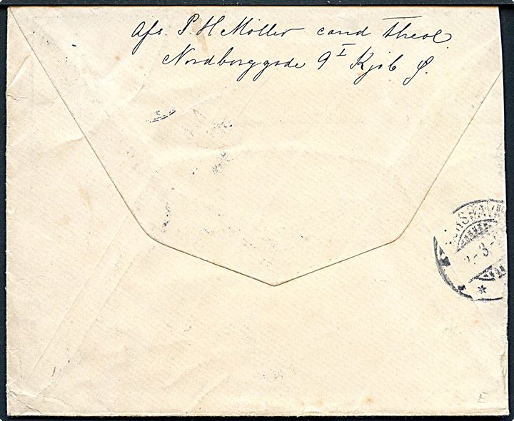 10 øre Våben på brev fra Kjøbenhavn d. 22.2.1905 til Todnæs præstegaard på Sandø, Færøerne. På bagsiden svagt ank.stempel Thorshavn d. 2.3.1905. Afkortet i venstre side.